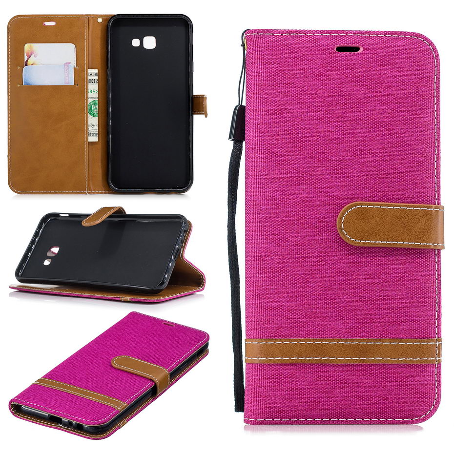 Case Samsung Galaxy J4+ #เคสฝาพับหนัง PU พร้อมสายคล้องมือ สีสันสดใส Splicing Jean Cloth PU Leather