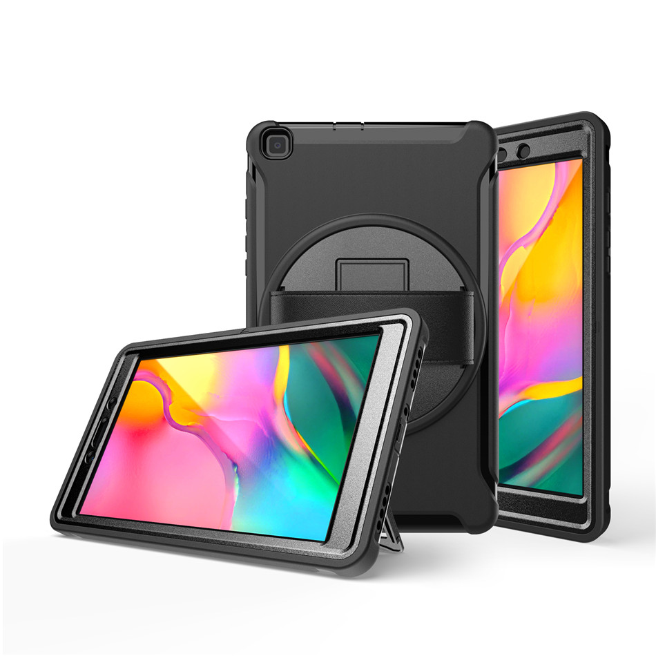 เคส Samsung Galaxy Tab A 8.0 (2019) SM-T290 SM-T295 SM-T297 #เคสฝาหลังพลาสติกมีขาตั้งหมุนได้ 360° Swivel Kickstand PC + TPU Tablet Combo Shell with Hand Strap มีสายรัดมือ