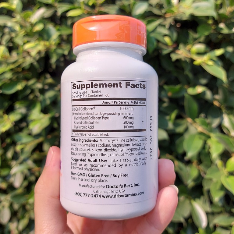 Doctor's Best® Hyaluronic Acid + Chondroitin Sulfate with BioCell Collagen 60 Tablets ไฮยาลูโรนิค คอลลาเจน