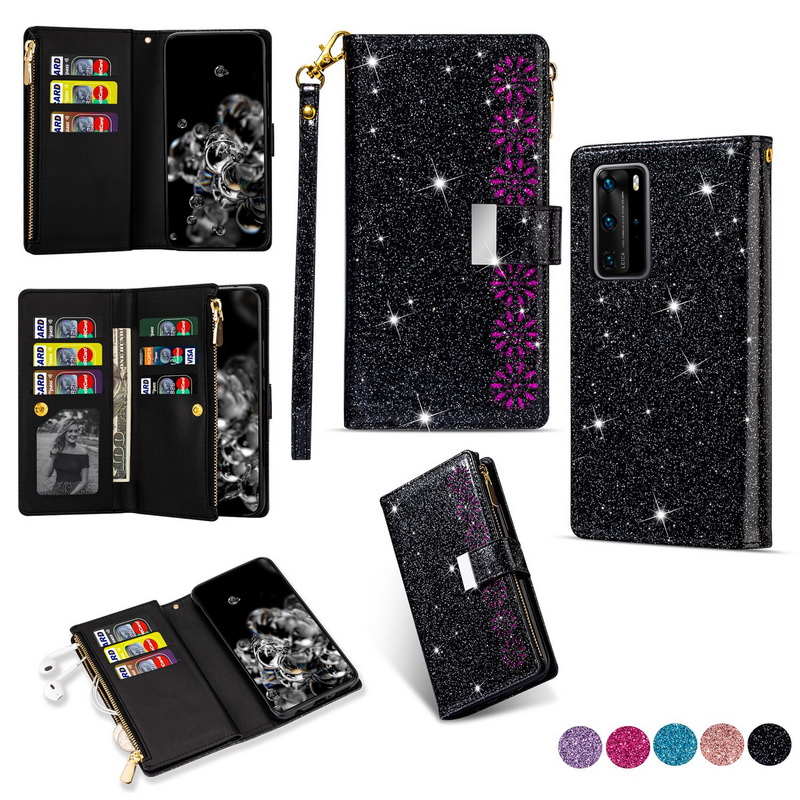 เคส Huawei P40 #เคสฝาพับแบบกระเป๋าสตางค์ช่องใส่บัตรหลายช่อง Bling Glitter Case Multi-slot Wallet Zippered Leather พร้อมสายคล้อง