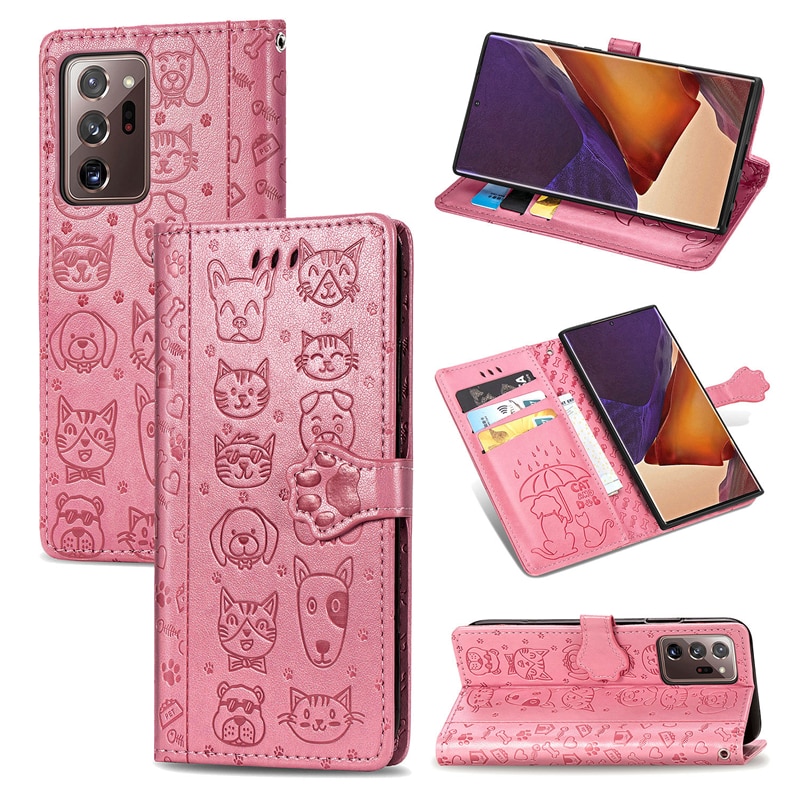 เคส Samsung Galaxy Note 20 / Note 20 5G#เคสฝาพับลายการ์ตูนย์แถบปิดแม่เหล็กพับตั้งได้ Cat And Dog Pattern Card Slot Wallet Phone Case