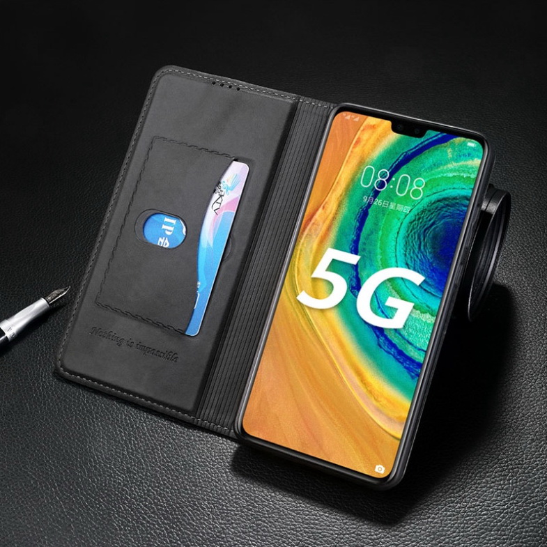 Case Huawei Mate 30 Pro #เคสฝาพับปกหนังสไตล์วินเทจดูดซับอัตโนมัติแบบกระเป๋าสตางค์ Luxury Flip Leather Case Card Holder Stand Magnetic Retro wear-resisting Phone Cover