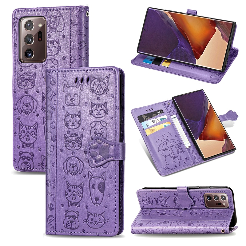 เคส Samsung Galaxy Note 20 Ultra / Note 20 Ultra 5G #เคสฝาพับลายการ์ตูนย์แถบปิดแม่เหล็กพับตั้งได้ Cat And Dog Pattern Card Slot Wallet Phone Case