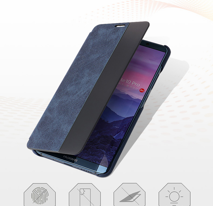 เคส Huawei Mate 10 Pro #เคสฝาพับมีช่องวิวด้านข้างแนวยาวหนัง PU ผิวหนังม้าแบบคลาสสิกตัดด้วยแถบสีดูดีมีสไตล์ คุณภาพดี