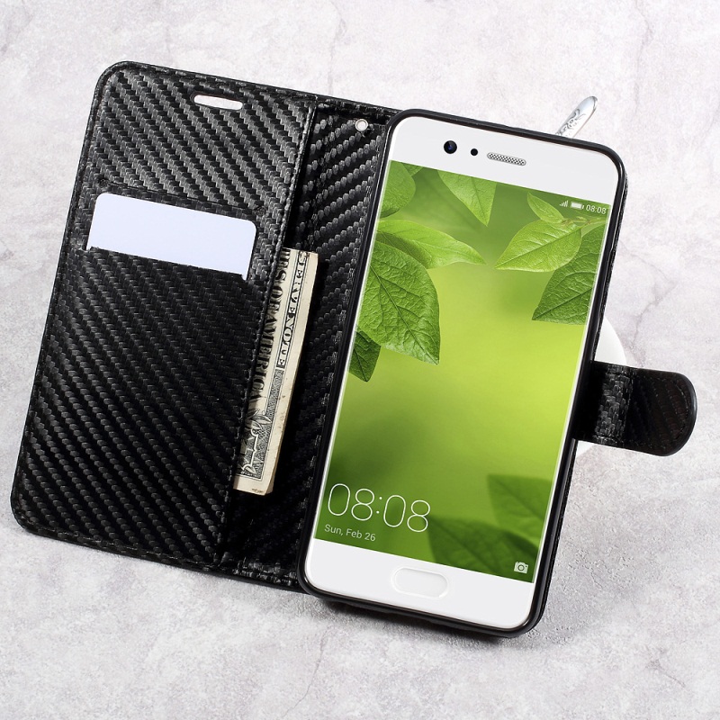 Case Huawei P10 Plus #เคสหนังคาร์บอนไฟเบอร์ ฝาพับมีช่องใส่นามบัตร