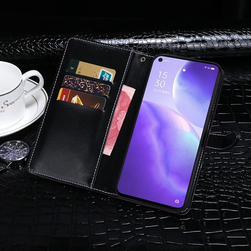 เคส OPPO Reno 5 Pro 5G #เคสฝาพับหนัง PU สไตล์กระเป๋าสตางค์รูปแบบหนังจระเข้ Crocodile Texture PU Leather Wallet