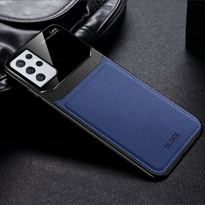 เคส Samsung Galaxy S21 Ultra 5G #เคสฝาหลังไฮบริด PU +TPU + glass สีทูโทน Shockproof Leather Mirror Glass Silicone Phone Back Cover
