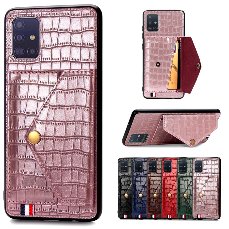 เคส Samsung Galaxy A51 #เคสฝาหลังมีที่วางนามบัตร TPU เคลือบ หนัง PU ผิวหนังจระเข้มีที่เก็บบัตร Crocodile Texture Card Holder Stand PU Leather Coated TPU