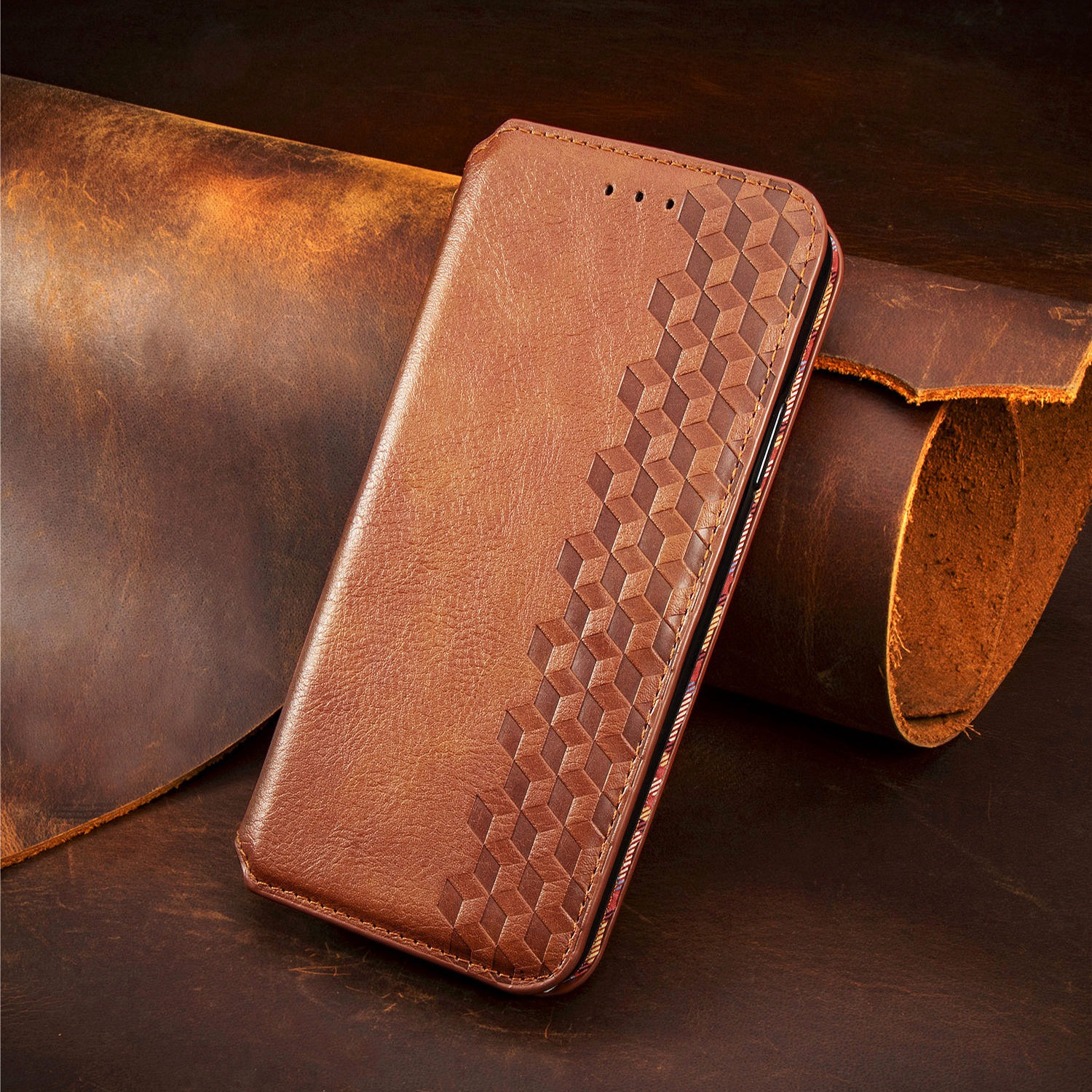 เคส Samsung Galaxy S21 Ultra #เคสฝาพับแบบกระเป๋าสตางค์ Magnetic Flip Wallet Bracket Leather Lattice TPU Phone Case