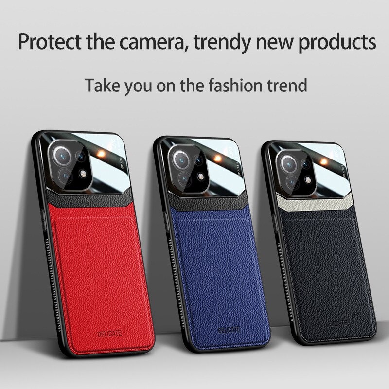 เคส Xiaomi Mi 11 Lite #เคสฝาหลังไฮบริด PU +TPU + glass สีทูโทน Shockproof Leather Mirror Glass Silicone Phone Back Cover