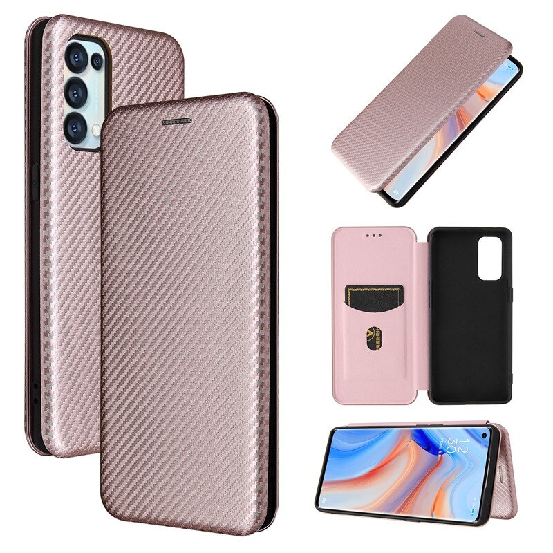 Case OPPO Reno 5 Pro 5G #เคสฝาพับลายคาร์บอนไฟเบอร์มีช่องใส่การ์ด Carbon Fiber Wallet Card Slot Magnet Stand Phone Cover