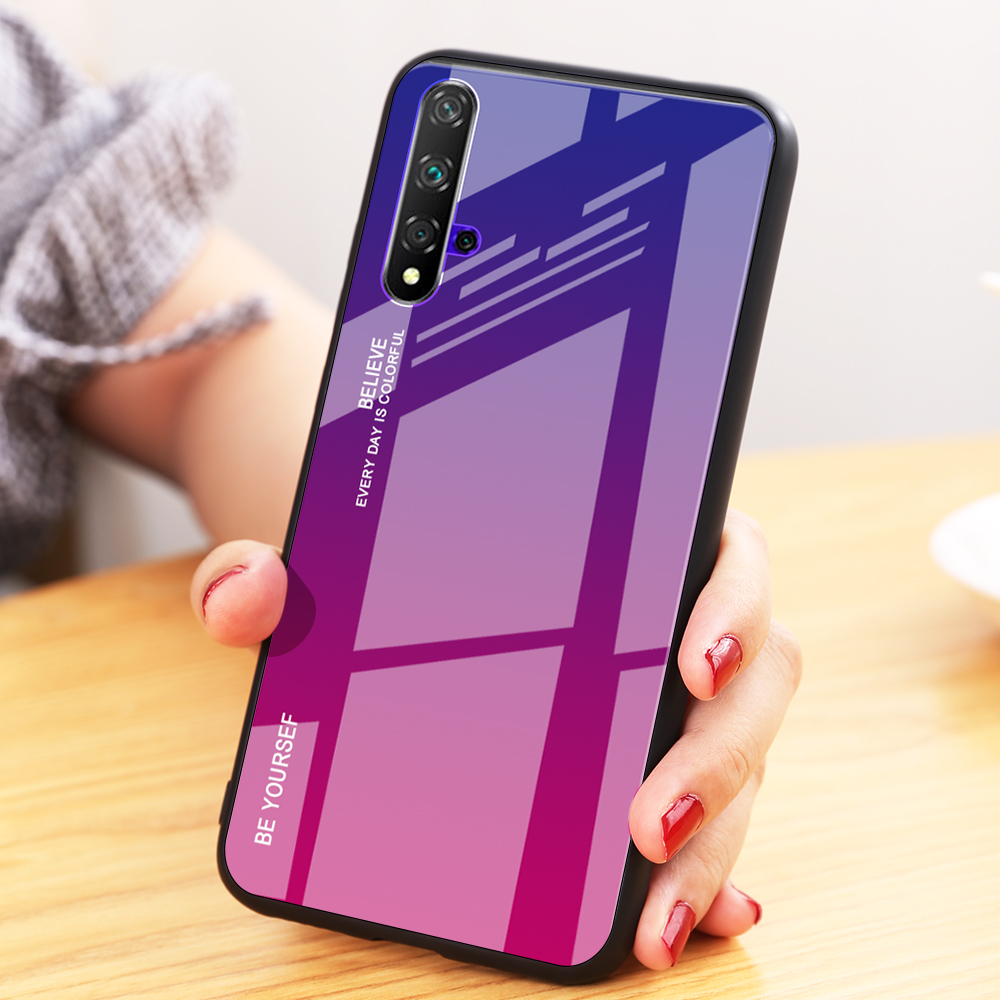 Case Huawei Nova 5T #(พร้อมส่ง) เคสฝาหลัง Gradient Color Glass + PC + TPU Hybrid Case สี Red / Black