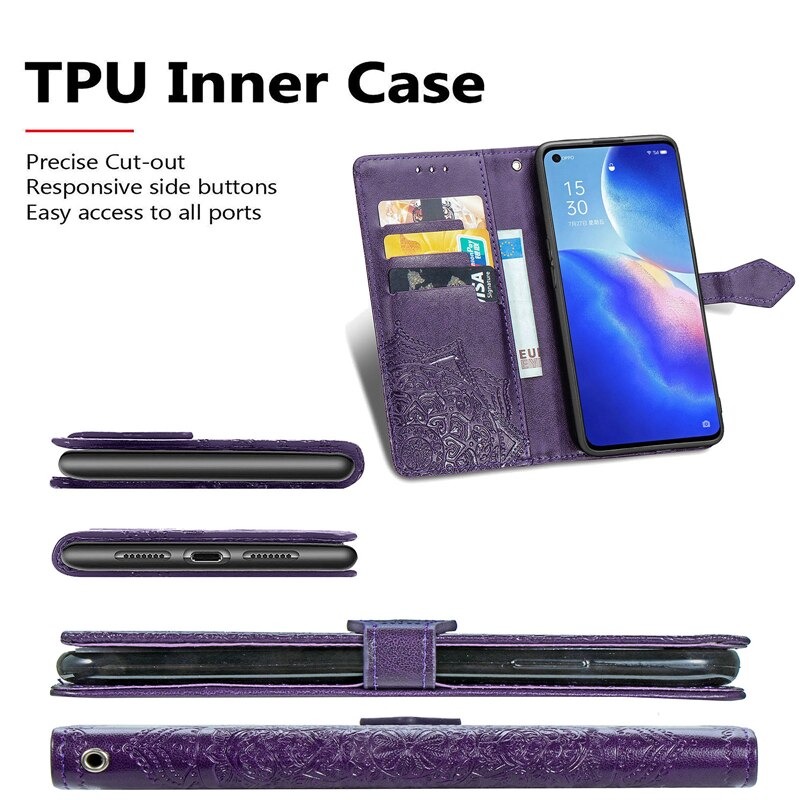เคส OPPO Reno 5 Pro 5G #เคสฝาพับหนัง PU ผิวลายนูน Embossed Mandala Flower Leather Wallet
