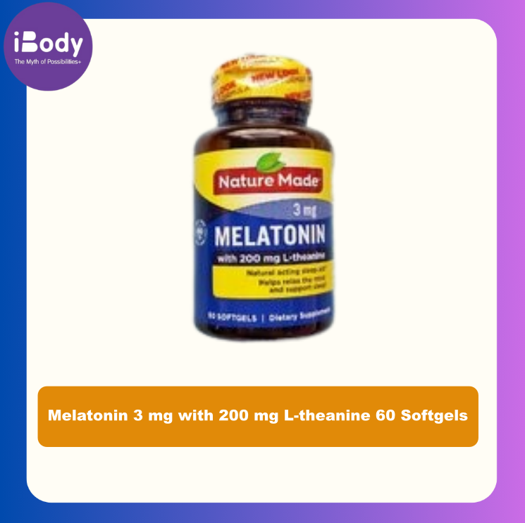 เมลาโทนิน นอนหลับ Melatonin 3 mg with 200 mg L-theanine 60 Softgels (Nature Made) หลับเร็ว หลับลึก หลับสบาย