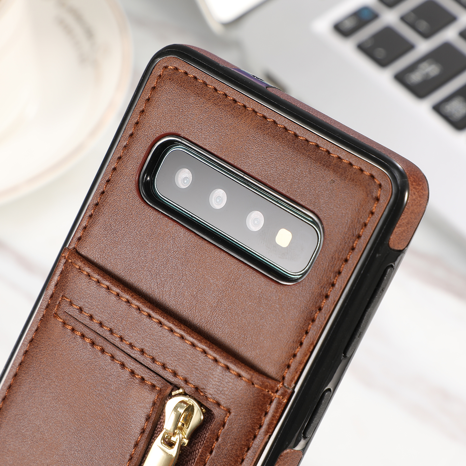 Case Samsung Galaxy S10 #เคสฝาหลังมีช่องใส่บัตรและช่องซิปหนัง PU + เคส TPU