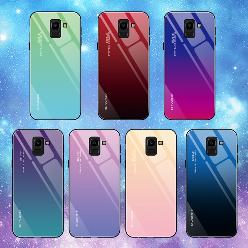 Case Samsung Galaxy A8+ (2018) #เคสฝาหลัง กระจกสีไล่โทนสี Glass + PC + TPU Hybrid Case