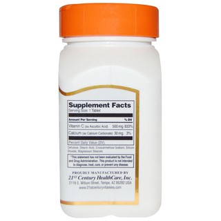 21st Century® Vitamin C 500 Plus Calcium, with Rose Hips 500 mg, Prolong Release C-500 + Calcium, Prolonged Release 1,000mg วิตามินซี