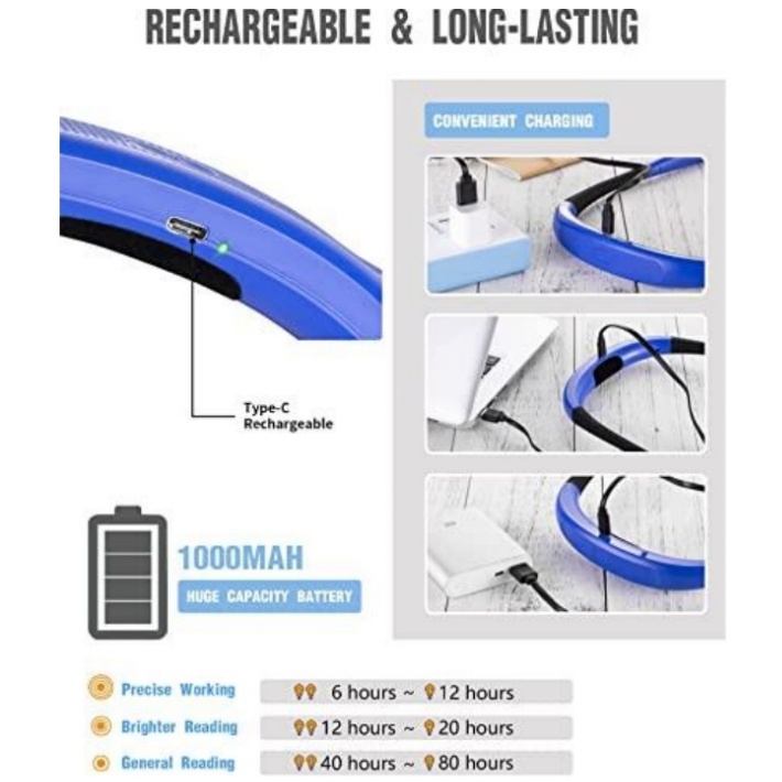 Glocusent® Upgraded LED Neck Reading Light ไฟอ่านหนังสือ ไฟฉายแบบคล้องคอ แบบชาร์จได้ ไฟLEDปรับความสว่างได้