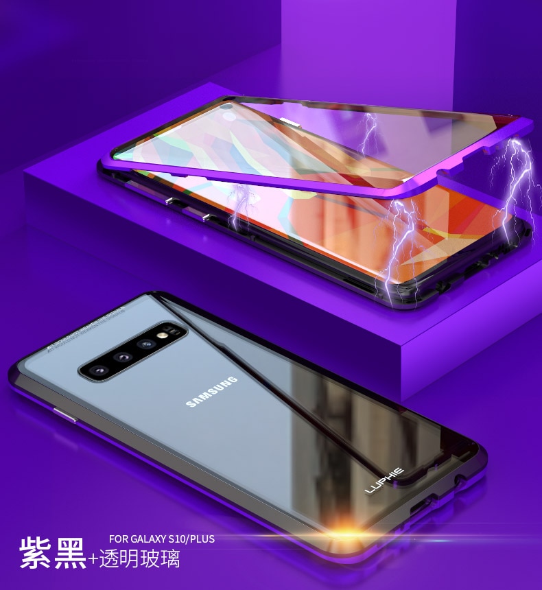 เคส Samsung Galaxy S10+ #เคสฝาครอบกระจกขอบโลหะดูดซับแม่เหล็ก Fully Protection Magnetic Adsorption Glass Metal Phone Protective