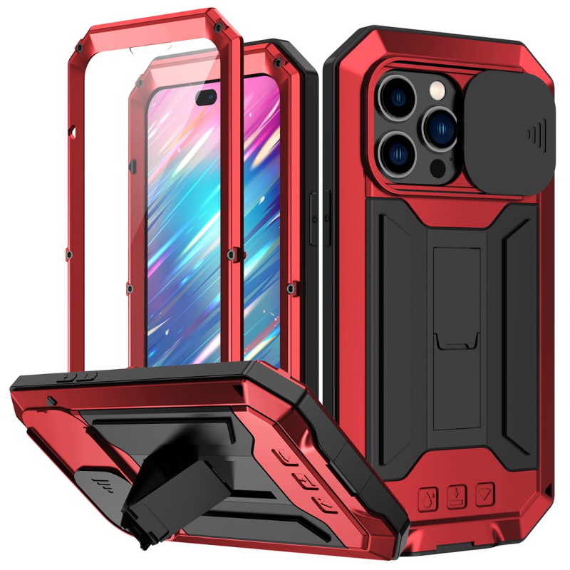 เคส iphone 15 pro max #เคสกันกระแทก ป้องกันเต็มรูปแบบมีขาตั้งพับได้ โลหะ + ซิลิโคน + PC