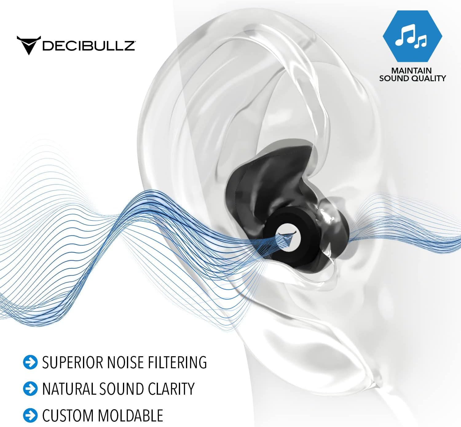 Decibullz® Custom Molded High Fidelity Earplugs ที่อุดหู กันเสียง แบบใช้ซ้ำ สำหรับคอนเสิร์ต นักดนตรี และความไวต่อเสียง