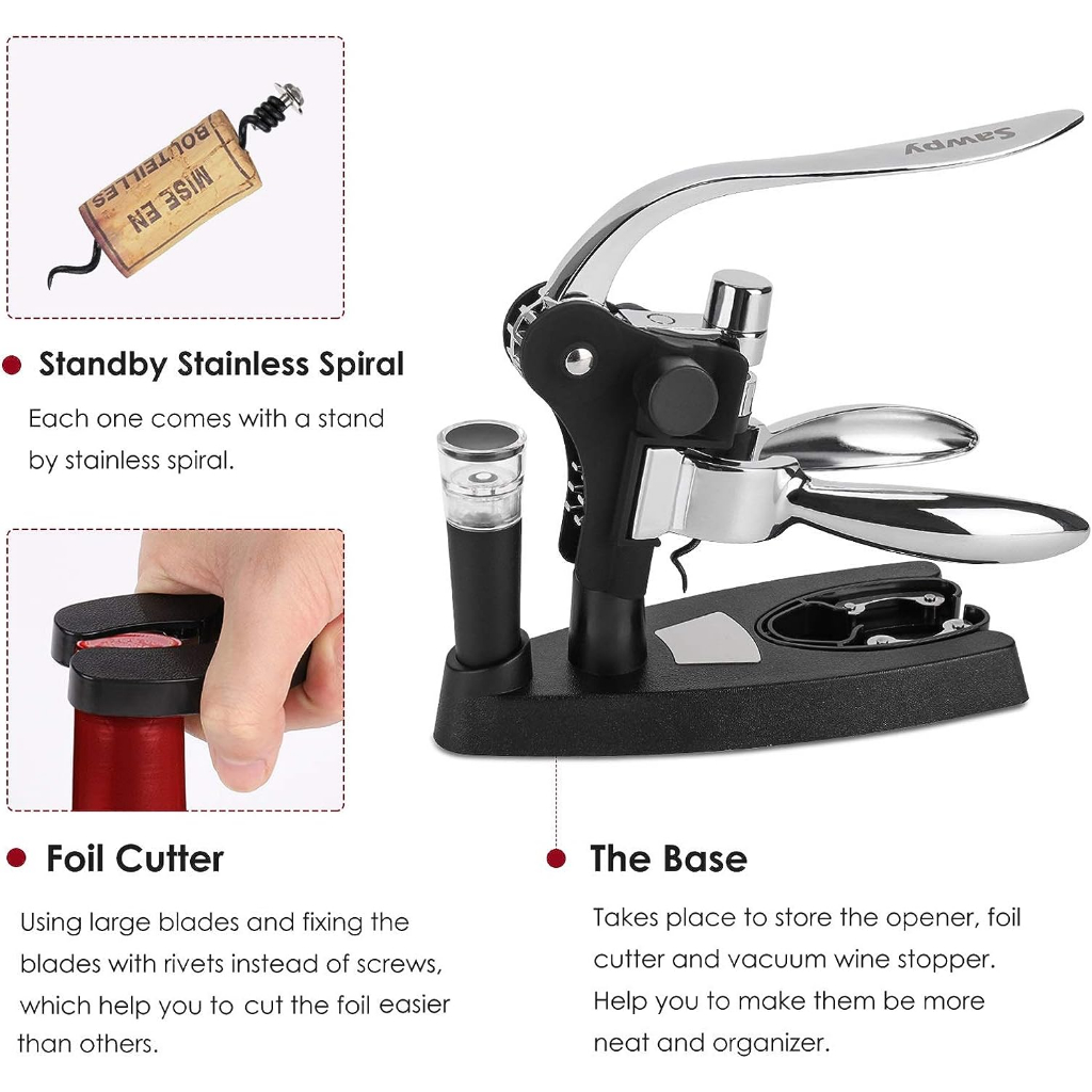 Sawpy® Wine Opener Kit Set, Corkscrew Gift, Silver ชุดของขวัญที่เปิดไวน์ พร้อมเครื่องตัดฟอยล์ สีเงิน