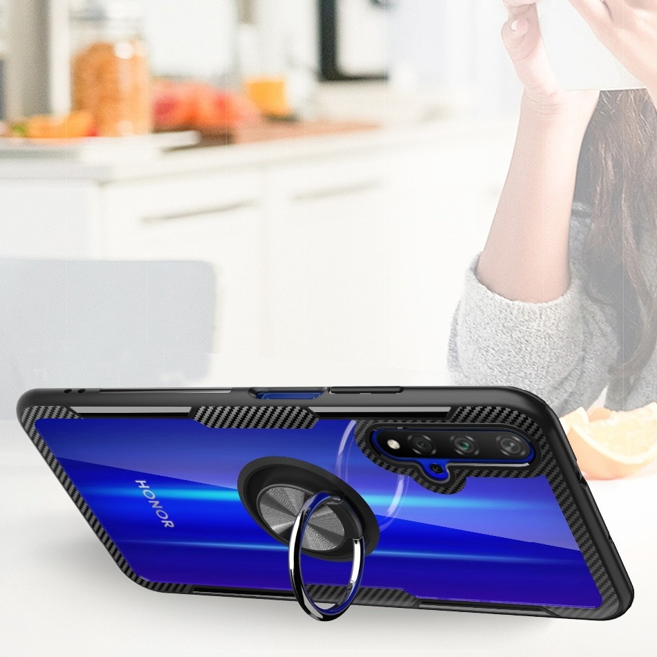 Case Huawei Nova 5T #เคสฝาหลังใสขอบทึบมีแหวนสวมนิ้วโลหะ TPU + PC