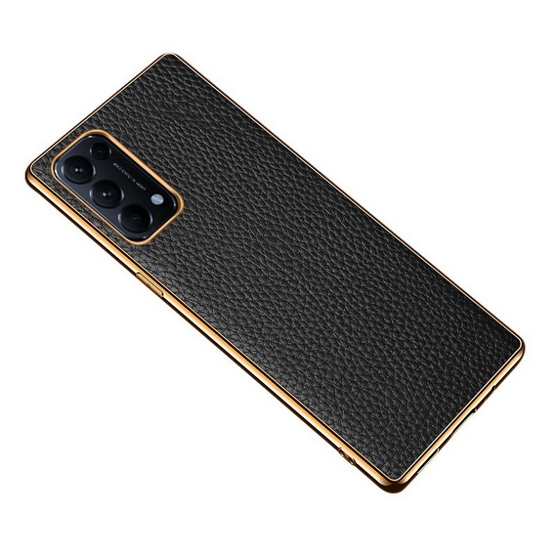 เคส OPPO Reno 5 Pro 5G #เคสฝาหลังหนังแท้ผิวลิ้นจี่ขอบเงา Luxury genuine leather case with plated edges
