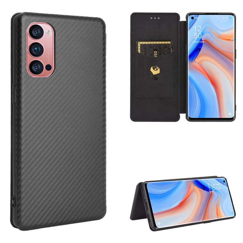 เคส OPPO Reno 4 4G #เคสฝาพับลายคาร์บอนไฟเบอร์มีช่องใส่การ์ด Carbon Fiber Wallet Card Slot Magnet Stand Phone Cover