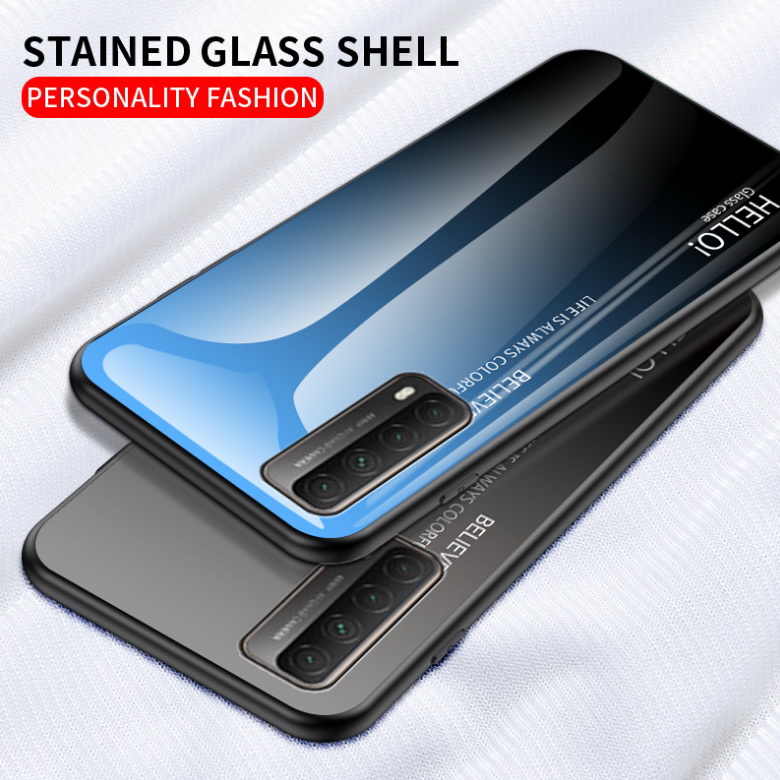 เคส Huawei Y7a #เคสฝาหลัง Gradient Color Glass + PC + TPU Hybrid Case