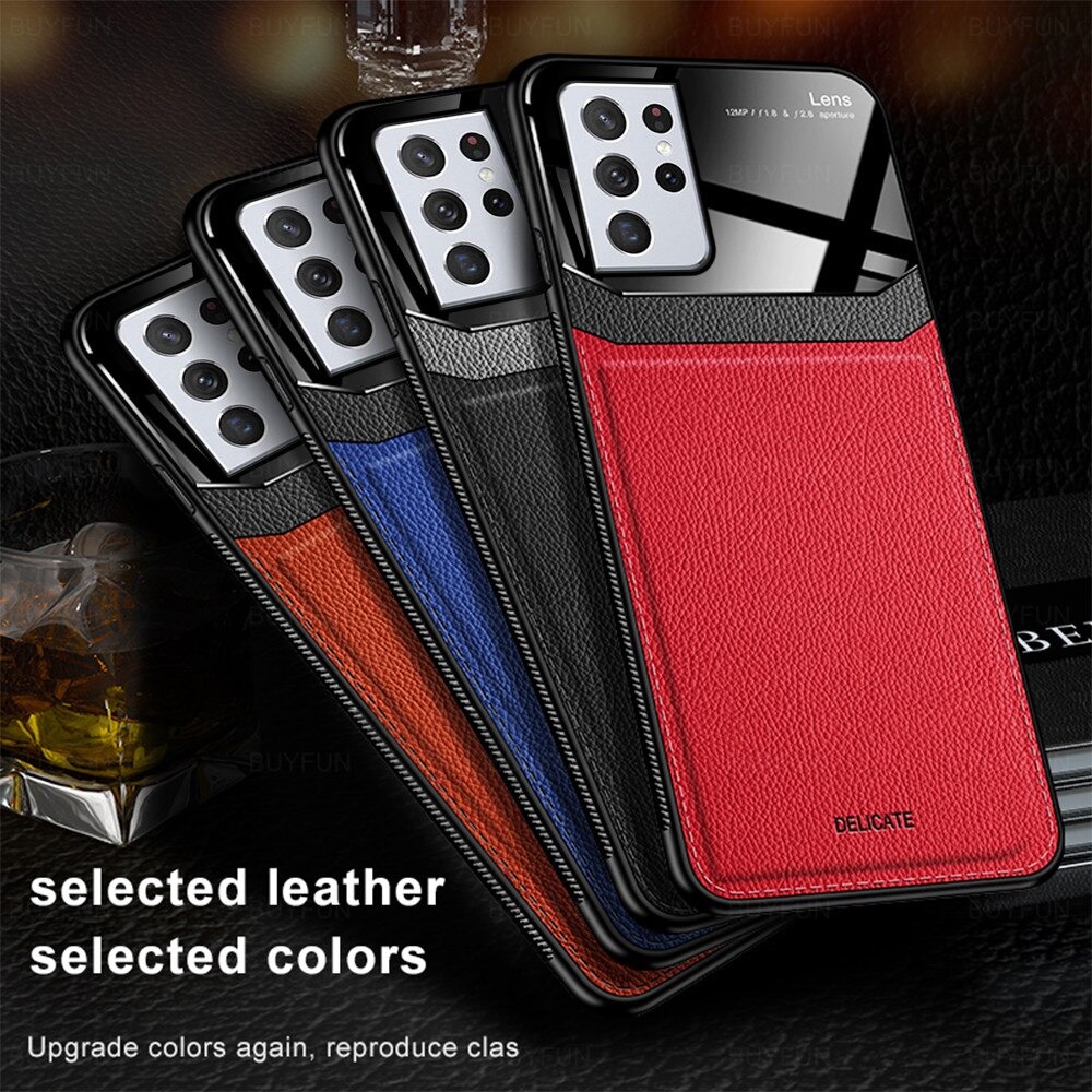 เคส Samsung Galaxy S21 Ultra 5G #เคสฝาหลังไฮบริด PU +TPU + glass สีทูโทน Shockproof Leather Mirror Glass Silicone Phone Back Cover