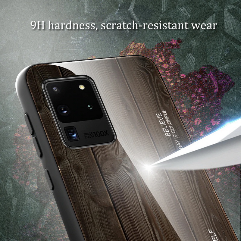 Case Samsung Galaxy S20 Ultra / S20 Ultra 5G #เคสฝาหลังกระจกลายผิวไม้ Case Hard Tempered glass Wood grain protect Back Cover