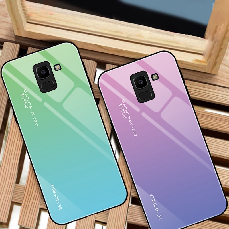 Case Samsung Galaxy A8+ (2018) #เคสฝาหลัง กระจกสีไล่โทนสี Glass + PC + TPU Hybrid Case