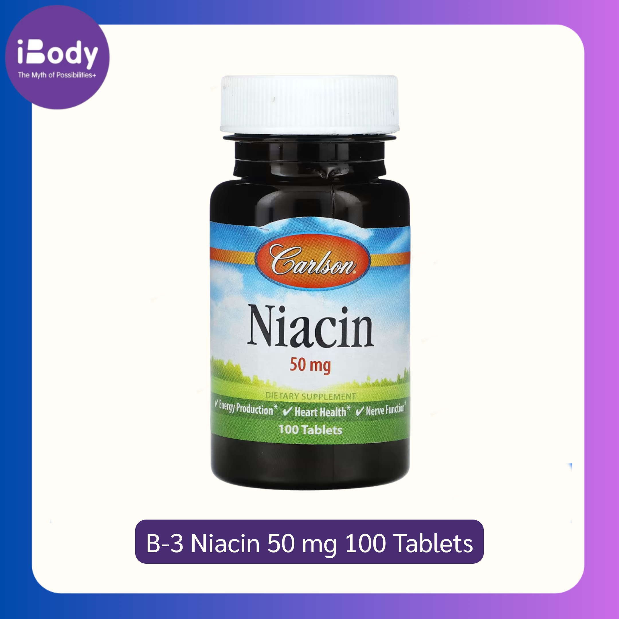 B-3 ไนอะซิน Niacin 50 mg 100 Tablets (Carlson Labs®) วิตามินบี 3 ช่วยบำรุงระบบประสาท และการทำงานของสมอง B3