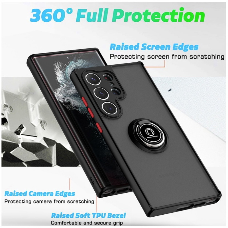 เคส Samsung Galaxy S23 Ultra 5G #เคสฝาหลังซิลิโคนแข็งโปร่งแสง ผิวด้านมีแหวนสวมนิ้ว Finger Ring Kickstand