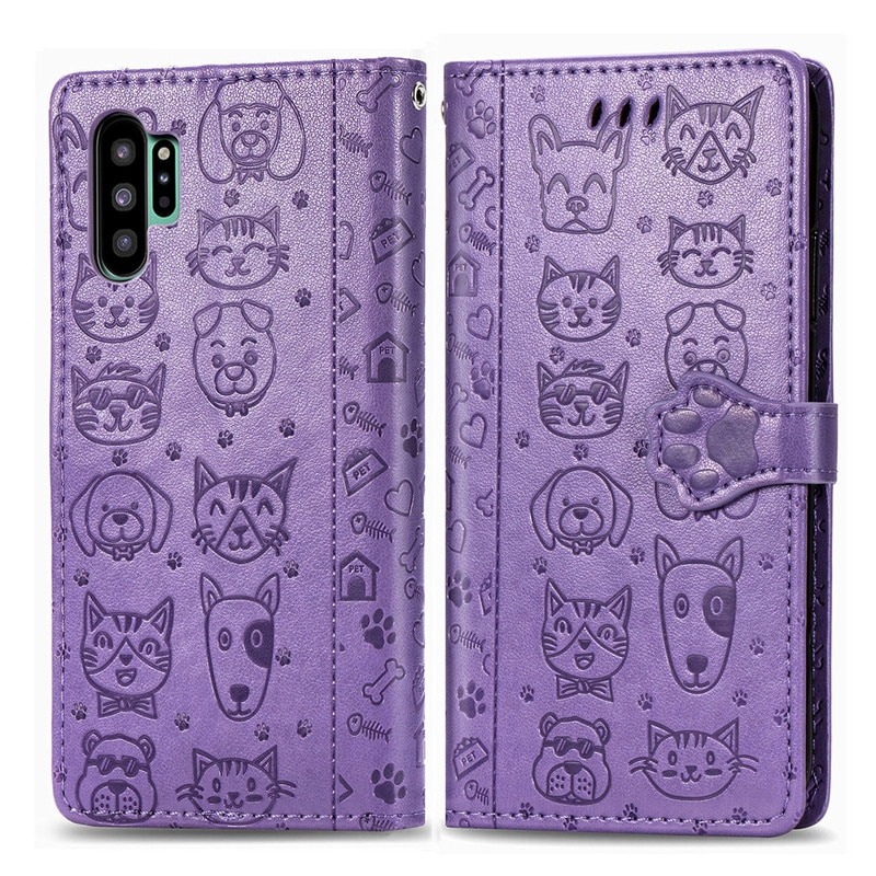 เคส Samsung Galaxy Note 10+ #เคสฝาพับลายการ์ตูนย์แถบปิดแม่เหล็กพับตั้งได้ Cat And Dog Pattern Card Slot Wallet Phone Case