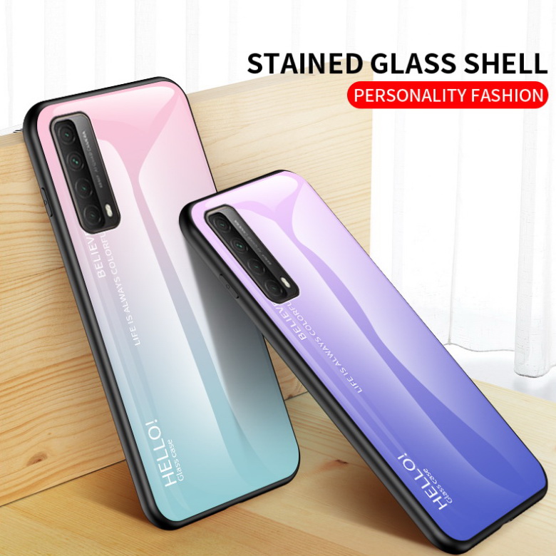 เคส Huawei Y7a #เคสฝาหลัง Gradient Color Glass + PC + TPU Hybrid Case