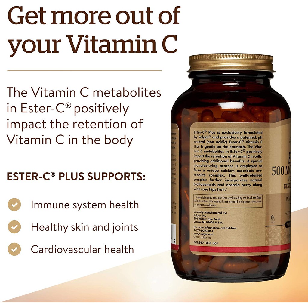 เอสเตอร์-ซี พลัส วิตามินซี Ester-C Plus Vitamin C 500 mg 100 Vegetable Capsules (Solgar®) ผสมไบโอฟลาโวนอยด์ ไม่ระคายเคืองกระเพาะ