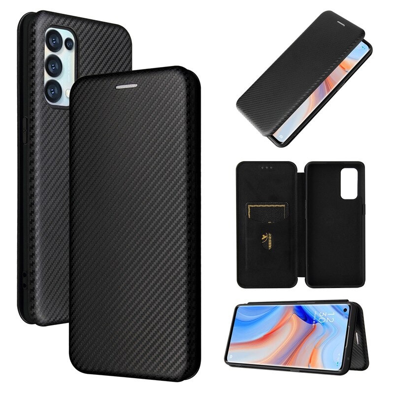 Case OPPO Reno 5 Pro 5G #เคสฝาพับลายคาร์บอนไฟเบอร์มีช่องใส่การ์ด Carbon Fiber Wallet Card Slot Magnet Stand Phone Cover