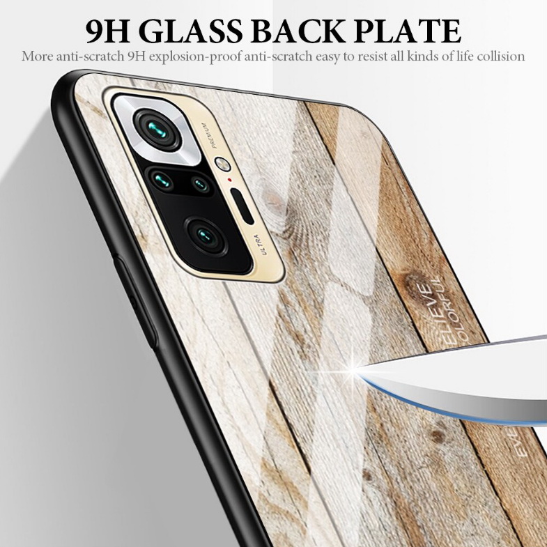 เคส Redmi Note 10 4G #เคสฝาหลังกระจกลายผิวไม้ Case Hard Tempered glass Wood grain protect Back Cover