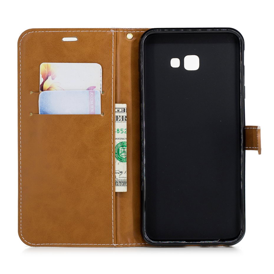 Case Samsung Galaxy J4+ #เคสฝาพับหนัง PU พร้อมสายคล้องมือ สีสันสดใส Splicing Jean Cloth PU Leather