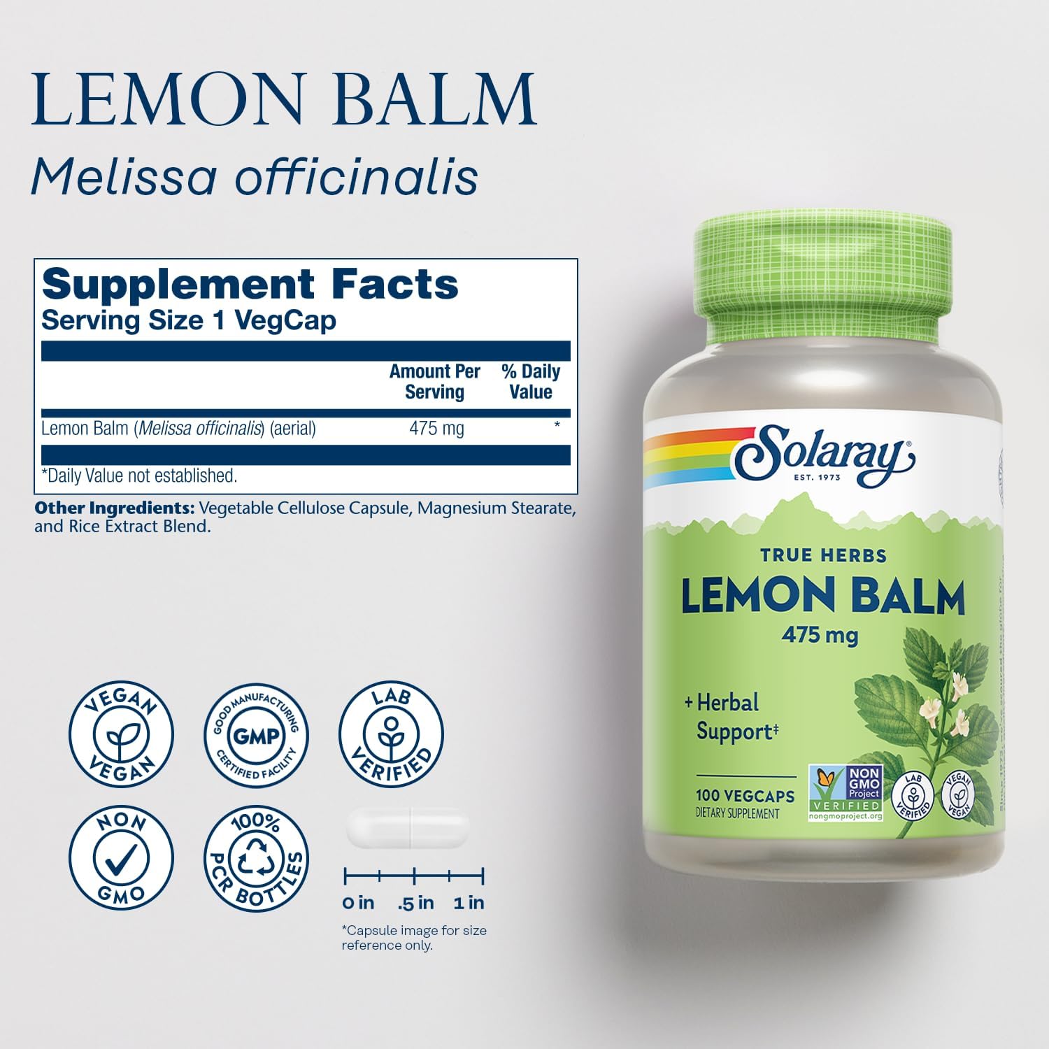 เลมอนบาล์ม Lemon Balm 475 mg 100 VegCaps (Solaray®)