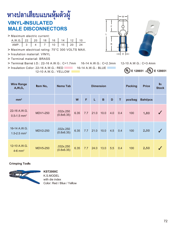 หางปลาเสียบแบนหุ้มตัวผู้,VINYL-INSULATED MALE DISCONNECTORS
