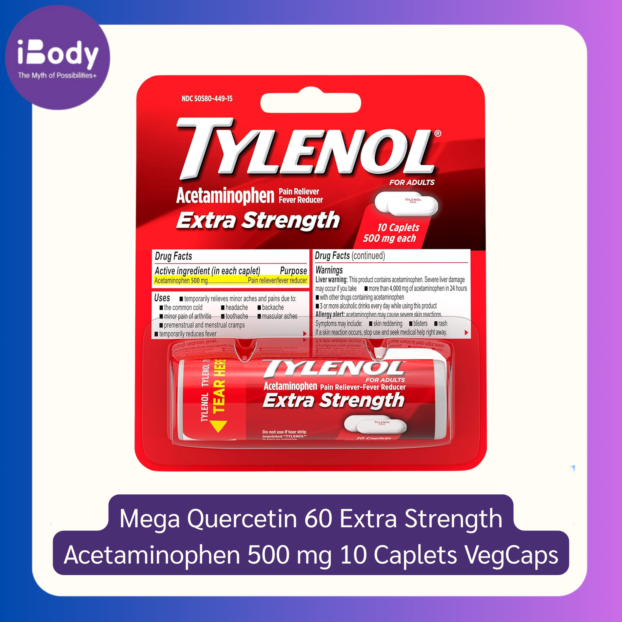 ไทลินอล อะเซตามีโนเฟน บรรเทาอาการปวดหัว เป็นไข้ เมื่อยล้า Extra Strength Acetaminophen 500 mg 10 Caplets (Tylenol®) พาราเซตามอล