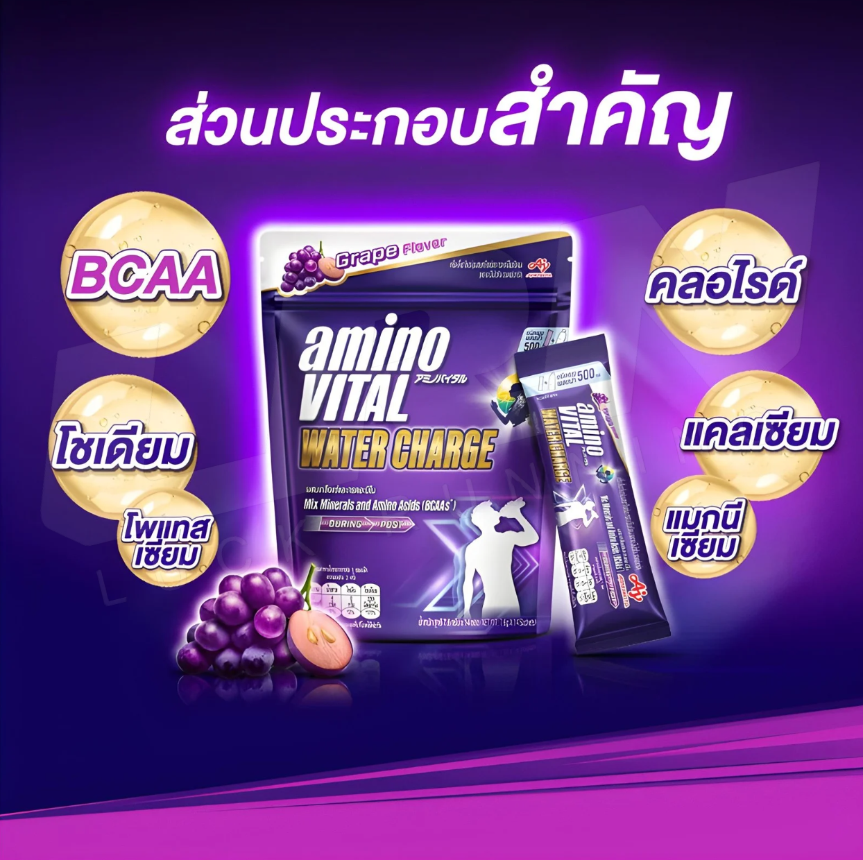 aminoVITAL Water Charge อะมิโนไวทัล วอเตอร์ชาร์จ เครื่องดื่มผสมเกลือแร่และกรดอะมิโนชนิดผง เพิ่มพลังงาน ลดตะคริว (Z07)