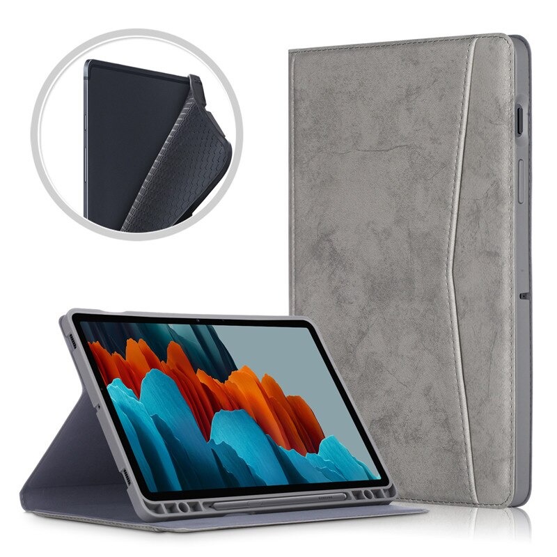 Case SamsungGalaxy Tab S7 FE 12.4"(T730,T736) #เคสฝาพับหนัง PU ลายผิวผ้ามีช่องใส่ปากกา with Pencil Holder Stand Business Card Slot Cover สำเนา