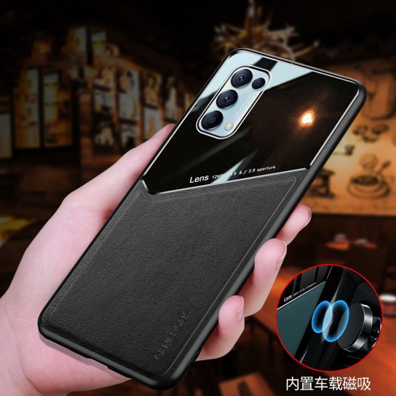 เคส OPPO Reno 5 Pro 5G#เคสฝาหลังไฮบริด PU +TPU + glass สีทูโทน Shockproof Leather Mirror Glass Silicone Phone Back Cover
