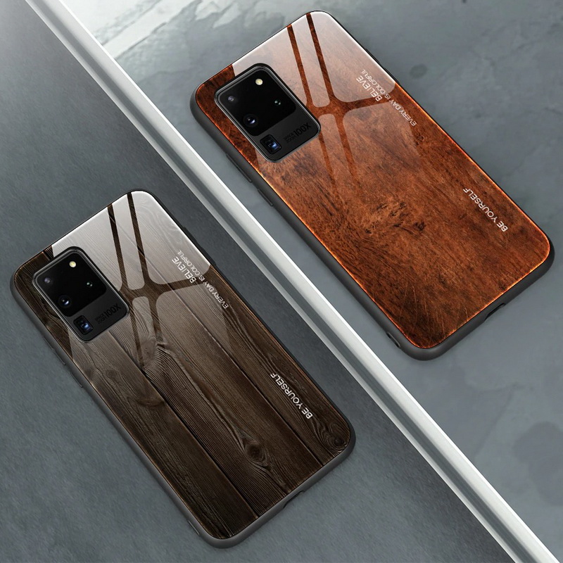 Case Samsung Galaxy S20 Ultra / S20 Ultra 5G #เคสฝาหลังกระจกลายผิวไม้ Case Hard Tempered glass Wood grain protect Back Cover