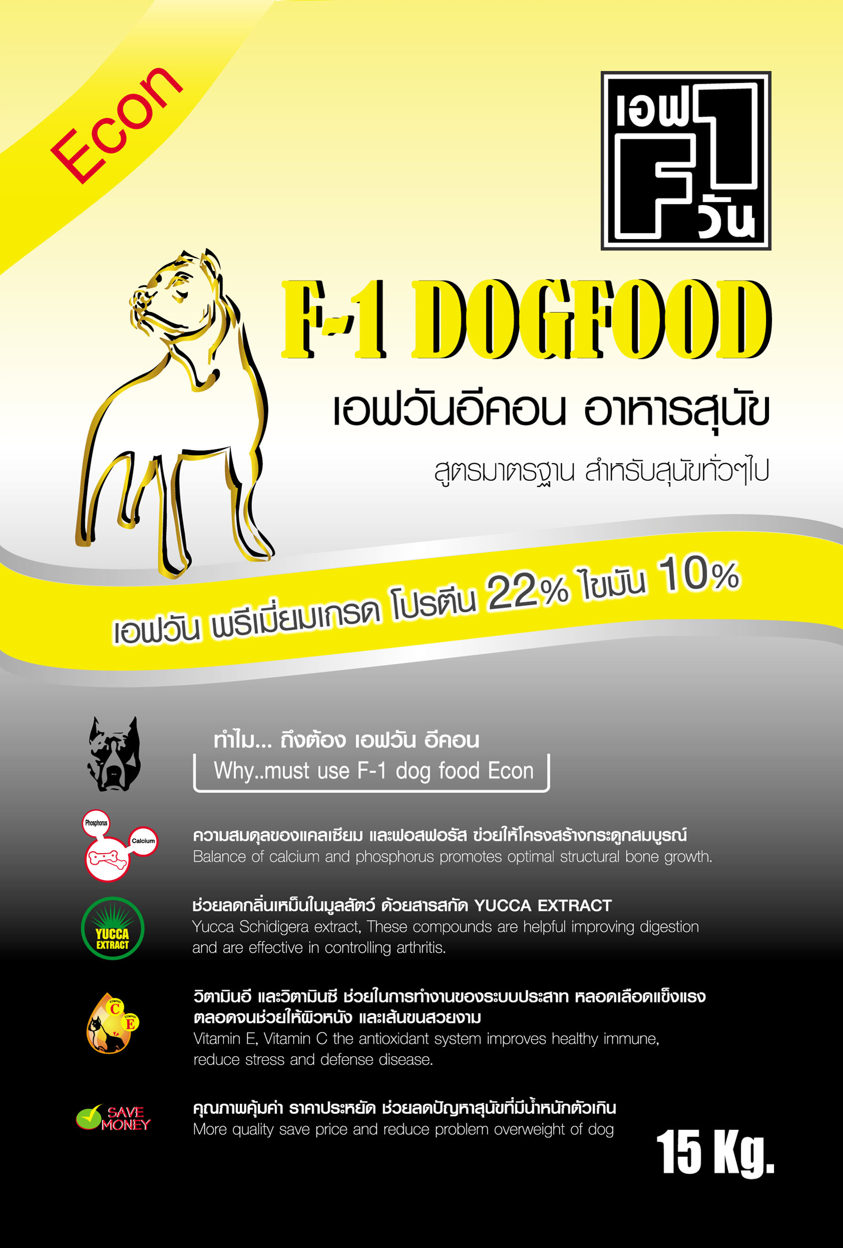F1 Econ อาหารสุนัขโปรตีนสูง(22%) สูตรประหยัด 15kg