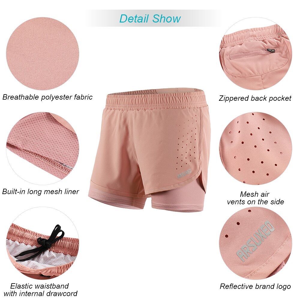 กางเกงวิ่ง ขาสั้นผู้หญิง 2-in-1 มีซับใน มีซิปกระเป๋าหลัง ARSUXEO (G7)